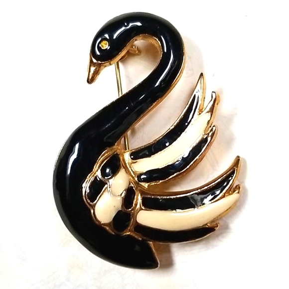 Vintage Black and Ivory Enamel Swan Brooch Pin